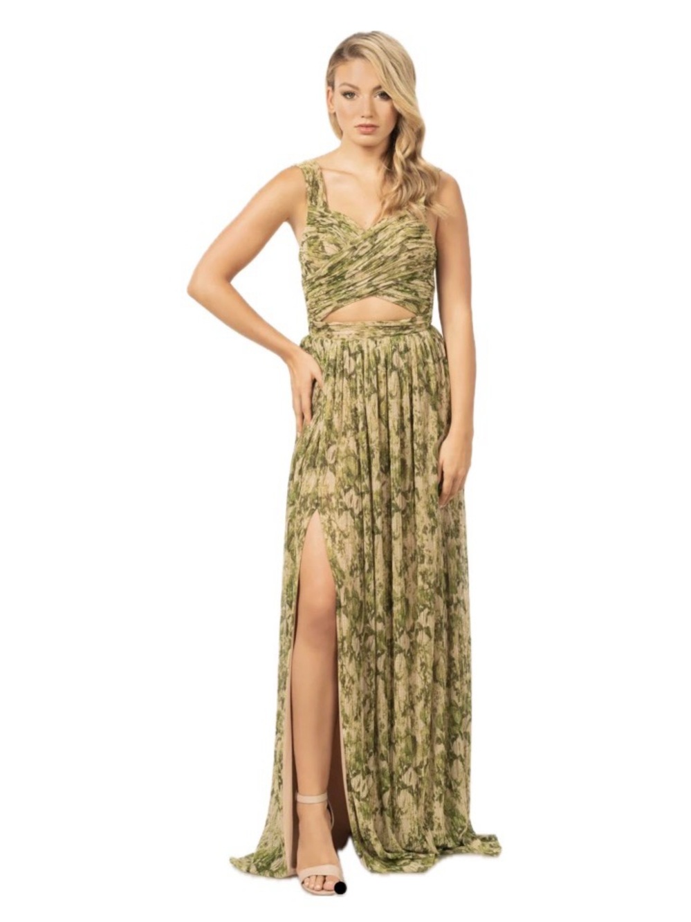 Dress the Population, Metallic Green Cutout Maxi Dress Formal Gown, Size L